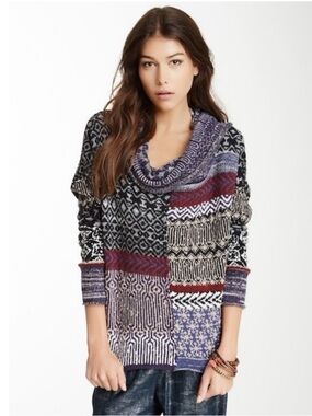 Free People Cowl Neck Favorite Patchwork Sweater Geometric Boho Knit Large